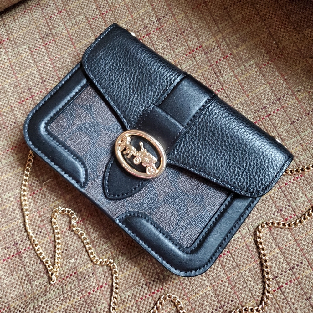 Coach Georgie Crossbody Gold Chain Monogrammed Brown Black 7287.
